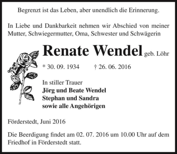 Traueranzeige von Renate Wendel (geb. Löhr)  von Magdeburger Volksstimme