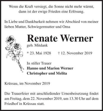 Traueranzeige von Renate Werner  von Magdeburger Volksstimme