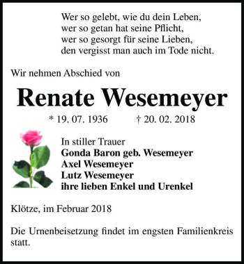 Traueranzeige von Renate Wesemeyer  von Magdeburger Volksstimme