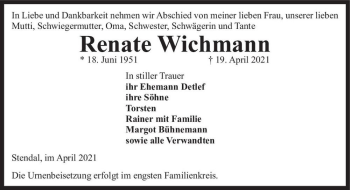 Traueranzeige von Renate Wichmann  von Magdeburger Volksstimme