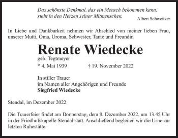 Traueranzeige von Renate Wiedecke (geb. Tegtmeyer)  von Magdeburger Volksstimme