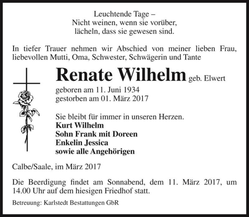  Traueranzeige für Renate Wilhelm (geb. Elwert)  vom 04.03.2017 aus Magdeburger Volksstimme