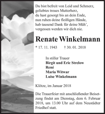 Traueranzeige von Renate Winkelmann  von Magdeburger Volksstimme