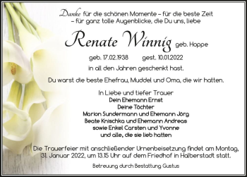 Traueranzeige von Renate Winnig (geb. Hoppe)  von Magdeburger Volksstimme