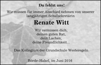 Traueranzeige von Renate Witt  von Magdeburger Volksstimme