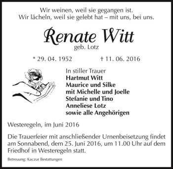 Traueranzeige von Renate Witt (geb. Lotz)  von Magdeburger Volksstimme