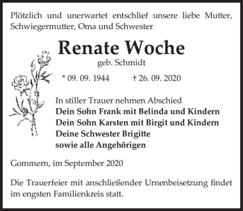 Traueranzeige von Renate Woche (geb. Schmidt)  von Magdeburger Volksstimme