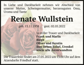 Traueranzeige von Renate Wullstein  von Magdeburger Volksstimme