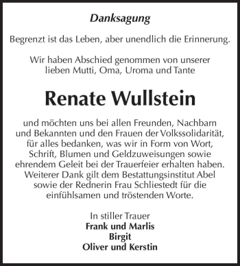 Traueranzeige von Renate Wullstein  von Magdeburger Volksstimme