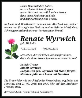 Traueranzeige von Renate Wyrwich (geb. Michalik)  von Magdeburger Volksstimme