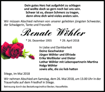 Traueranzeige von Renate Wöhler  von Magdeburger Volksstimme