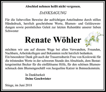 Traueranzeige von Renate Wöhler  von Magdeburger Volksstimme