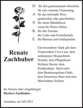 Traueranzeige von Renate Zachhuber  von Magdeburger Volksstimme