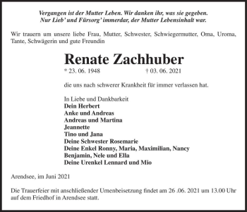 Traueranzeige von Renate Zachhuber  von Magdeburger Volksstimme