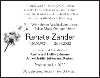 Traueranzeige von Renate Zander  von Magdeburger Volksstimme