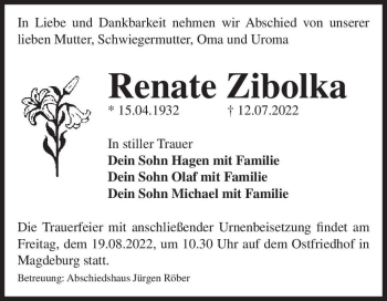 Traueranzeige von Renate Zibolka  von Magdeburger Volksstimme