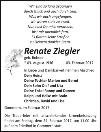 Traueranzeige von Renate Ziegler (geb. Rohner)  von Magdeburger Volksstimme