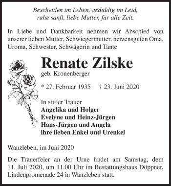 Traueranzeige von Renate Zilske (geb. Kronenberger)  von Magdeburger Volksstimme