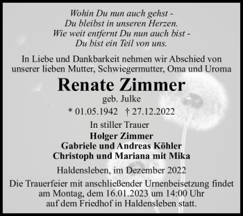 Traueranzeige von Renate Zimmer (geb. Julke)  von Magdeburger Volksstimme