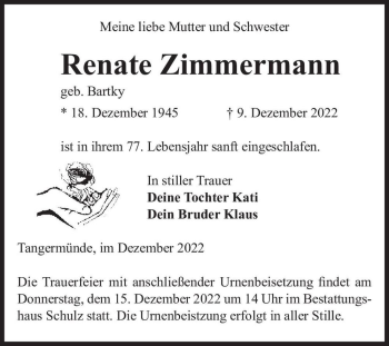 Traueranzeige von Renate Zimmermann (geb. Bartky)  von Magdeburger Volksstimme