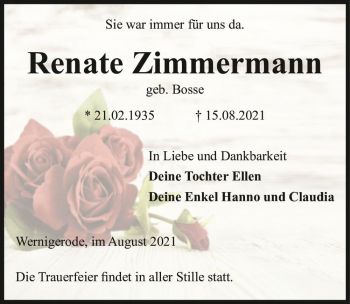 Traueranzeige von Renate Zimmermann (geb. Bosse)  von Magdeburger Volksstimme
