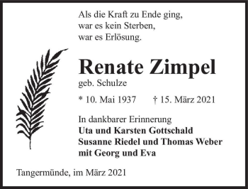 Traueranzeige von Renate Zimpel (geb. Schulze)  von Magdeburger Volksstimme