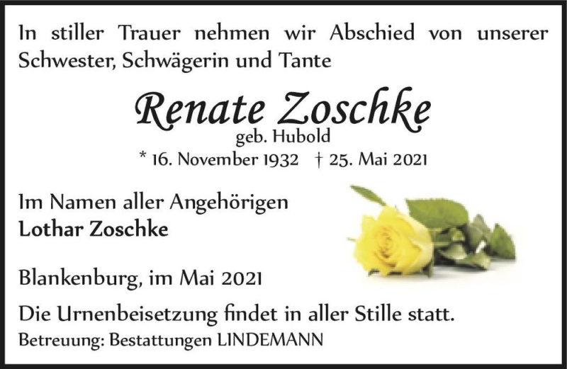  Traueranzeige für Renate Zoschke (geb. Hubold)  vom 29.05.2021 aus Magdeburger Volksstimme