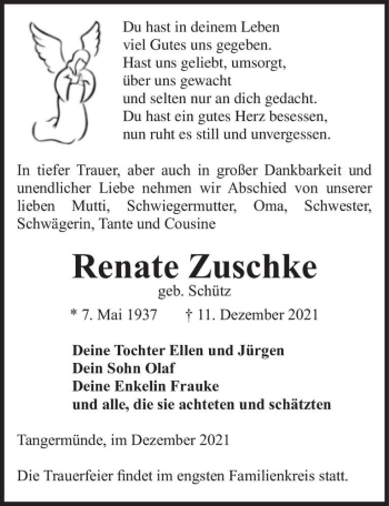 Traueranzeige von Renate Zuschke (geb. Schütz)  von Magdeburger Volksstimme