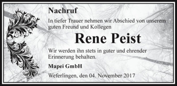 Traueranzeige von Rene Peist  von Magdeburger Volksstimme