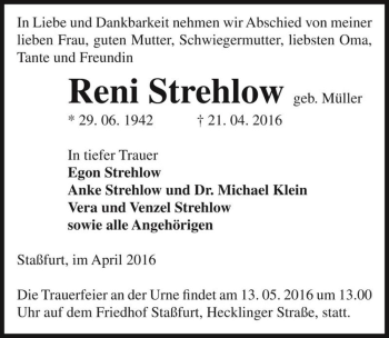 Traueranzeige von Reni Strehlow (geb. Müller)  von Magdeburger Volksstimme