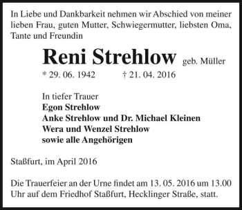 Traueranzeige von Reni Strehlow (geb. Müller)  von Magdeburger Volksstimme