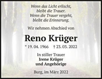 Traueranzeige von Reno Krüger  von Magdeburger Volksstimme