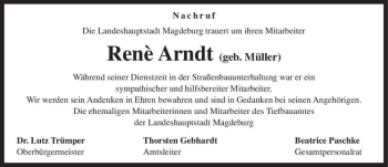 Traueranzeige von Renè Arndt (geb. Müller)  von Magdeburger Volksstimme