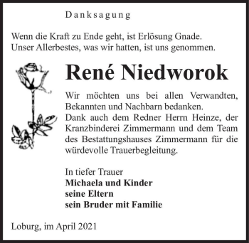 Traueranzeige von Renè Niedworok  von Magdeburger Volksstimme