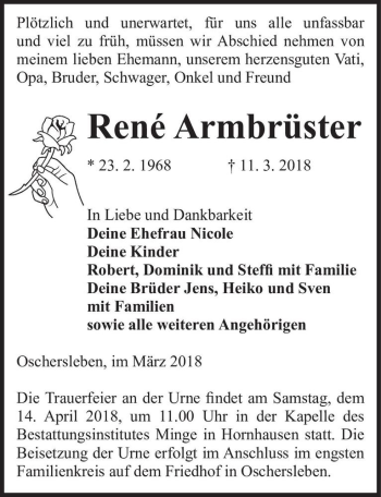 Traueranzeige von René Armbrüster  von Magdeburger Volksstimme