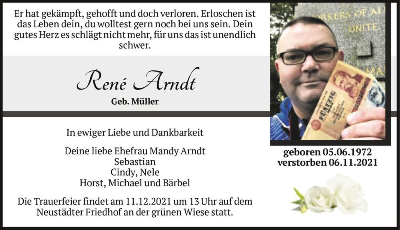  Traueranzeige für René Arndt (geb. Müller)  vom 08.12.2021 aus Magdeburger Volksstimme