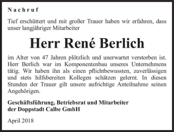 Traueranzeige von René Berlich  von Magdeburger Volksstimme