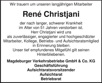 Traueranzeige von René Christjani  von Magdeburger Volksstimme