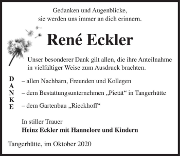 Traueranzeige von René Eckler  von Magdeburger Volksstimme