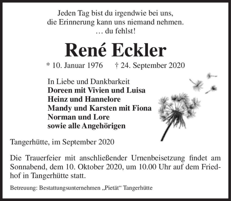  Traueranzeige für René Eckler  vom 02.10.2020 aus Magdeburger Volksstimme
