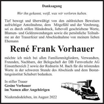 Traueranzeige von René Frank Vorhauer  von Magdeburger Volksstimme