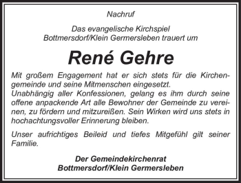 Traueranzeige von René Gehre  von Magdeburger Volksstimme