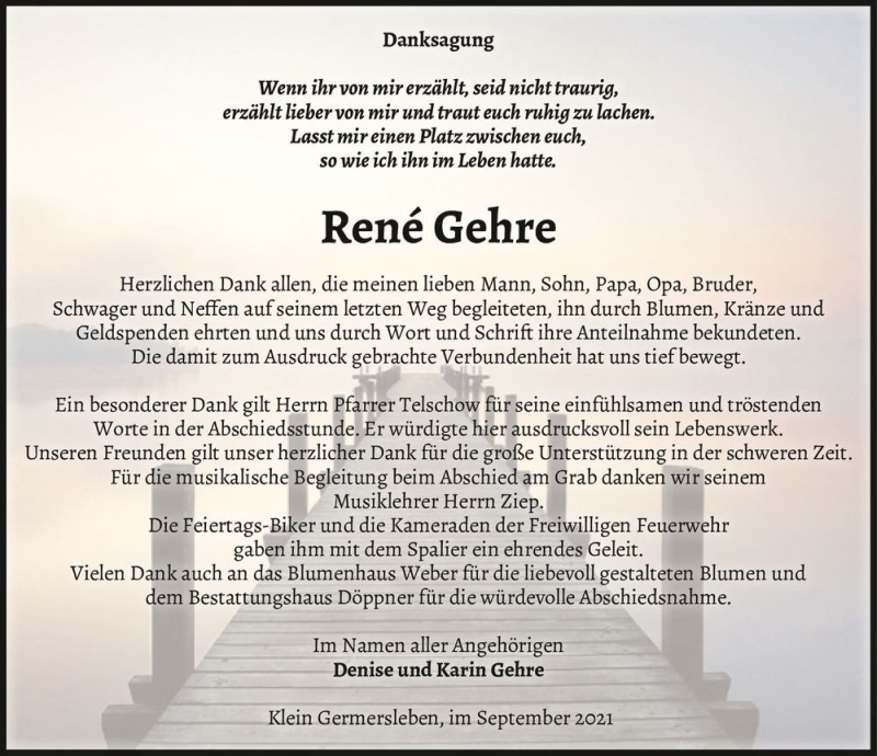  Traueranzeige für René Gehre  vom 25.09.2021 aus Magdeburger Volksstimme