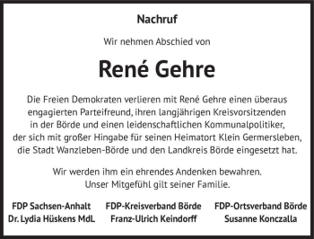 Traueranzeige von René Gehre  von Magdeburger Volksstimme
