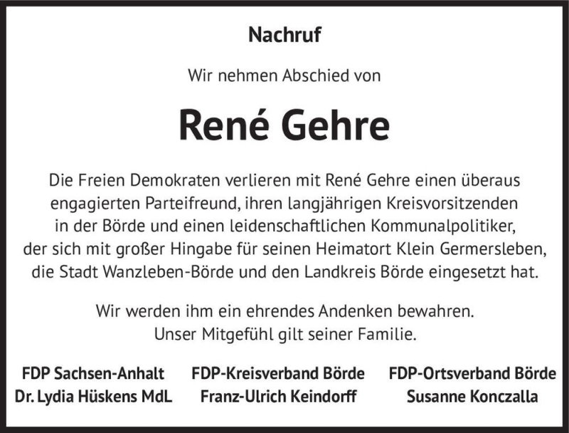  Traueranzeige für René Gehre  vom 11.09.2021 aus Magdeburger Volksstimme
