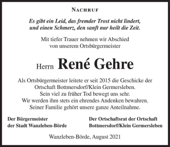 Traueranzeige von René Gehre  von Magdeburger Volksstimme
