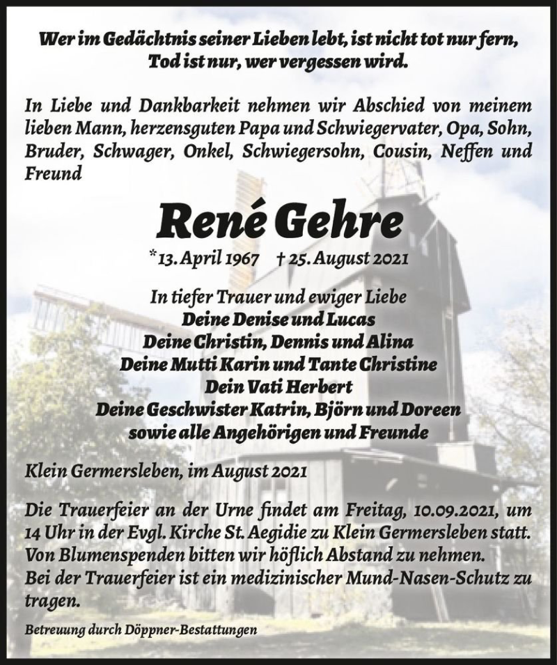  Traueranzeige für René Gehre  vom 04.09.2021 aus Magdeburger Volksstimme