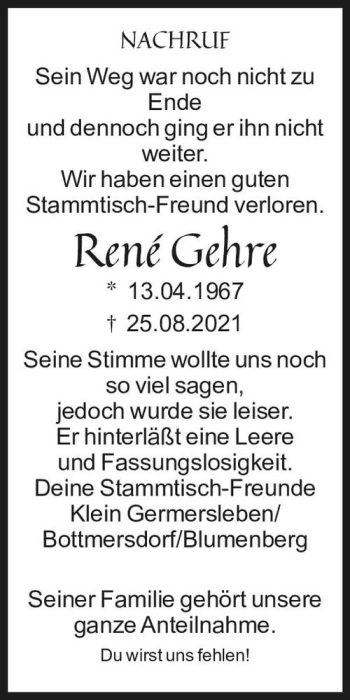 Traueranzeige von René Gehre  von Magdeburger Volksstimme