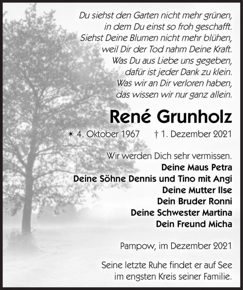  Traueranzeige für René Grunholz  vom 11.12.2021 aus Magdeburger Volksstimme