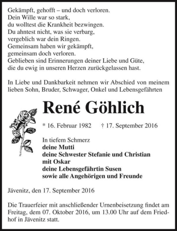 Traueranzeige von René Göhlich  von Magdeburger Volksstimme